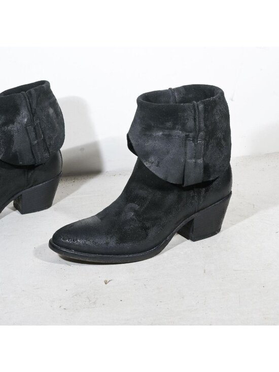 ELENA IACHI Shoes - Black Suede Western Ankle Boots Reversed Cuff Texan Almond Toe Made in Italy Wom